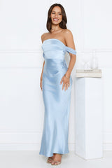Hot Girl Diaries Off Shoulder Satin Maxi Dress Blue