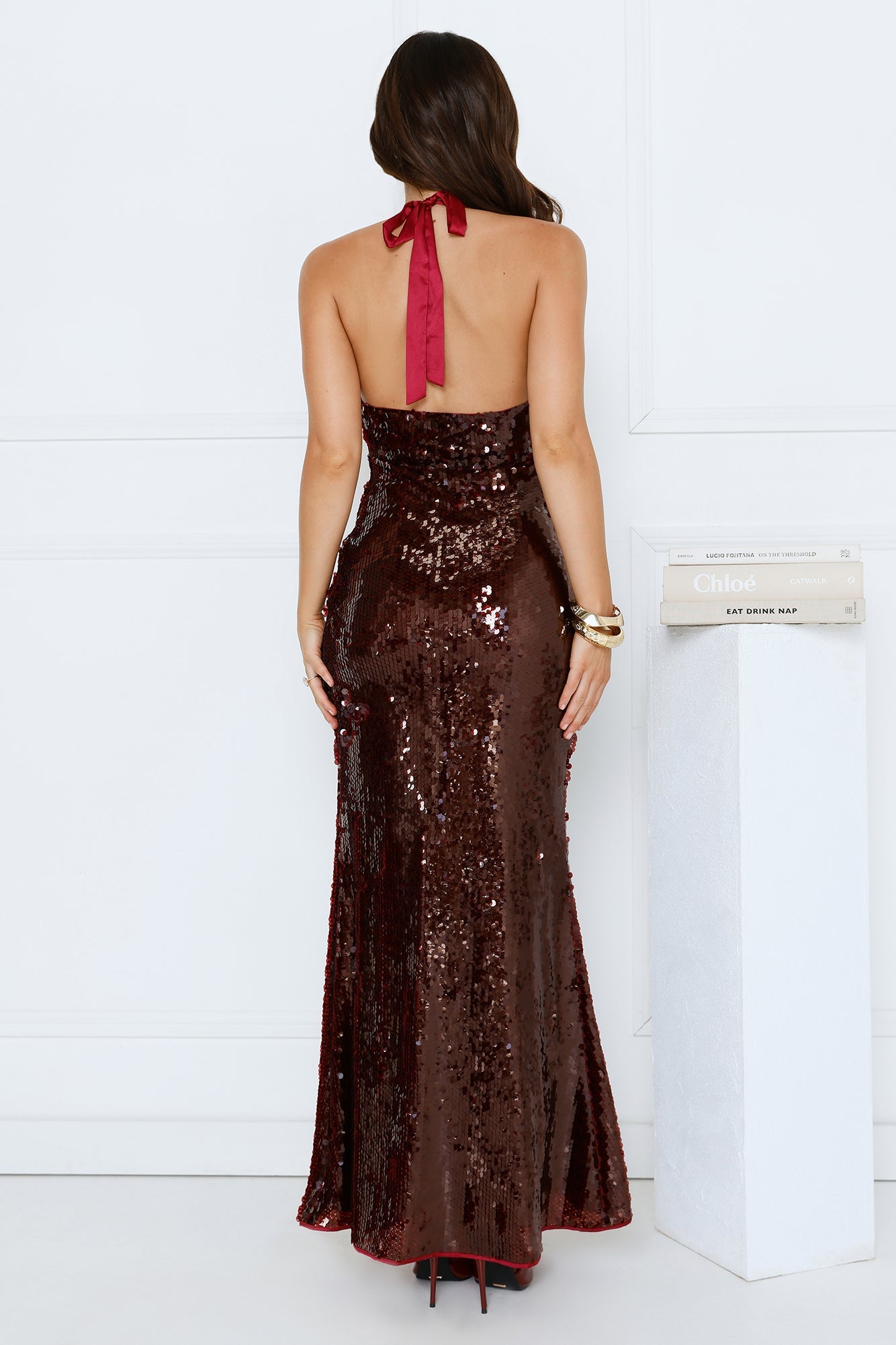 Cherry Sparkle Sequin Halter Maxi Dress Burgundy