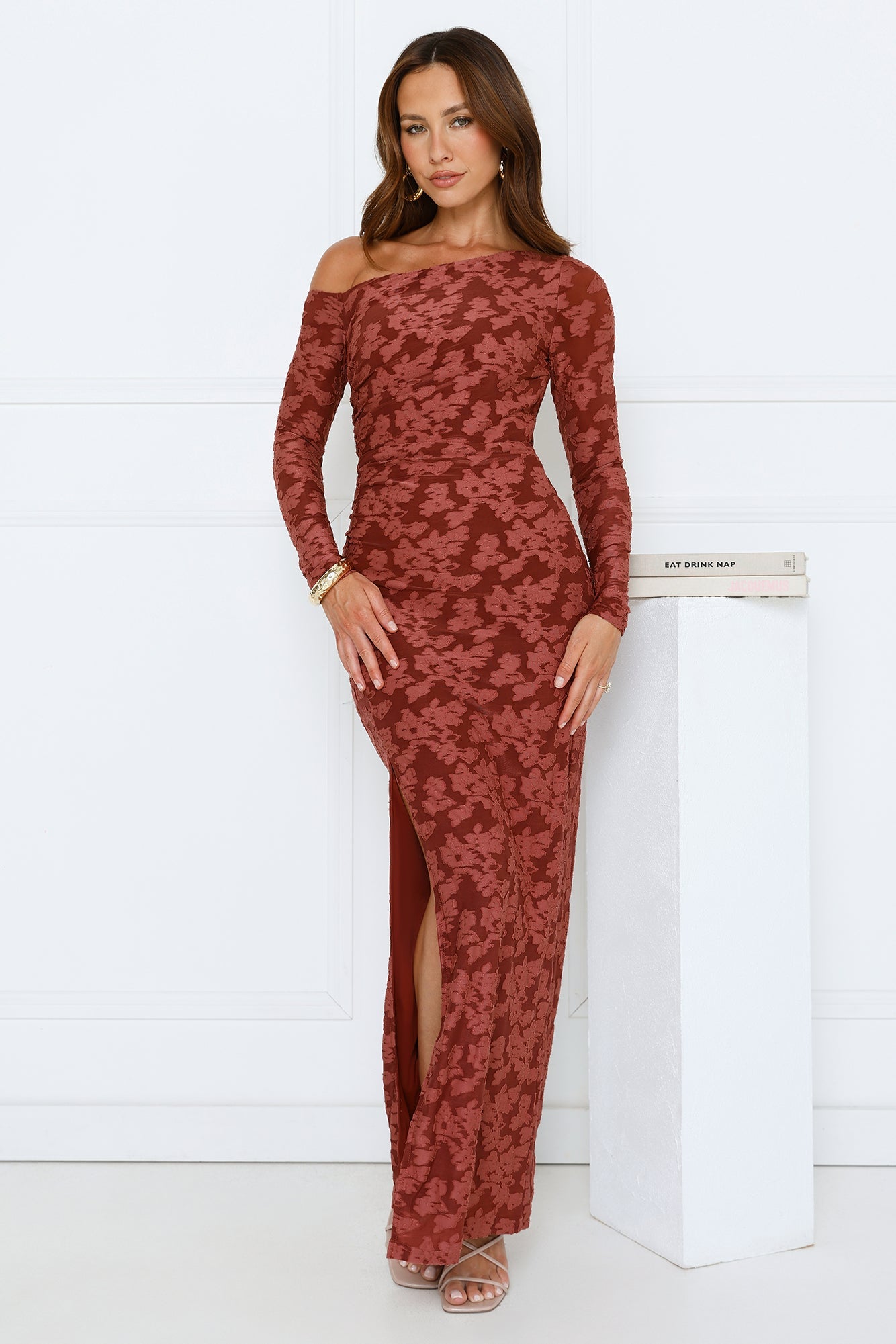 Aurora Lullaby Off Shoulder Maxi Dress Rust