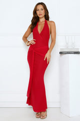 Sleek Bloom Halter Maxi Dress Red