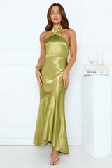 Moonlit Petal Kiss Satin Halter Maxi Dress Olive