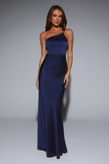 Flowered Opulence One Shoulder Satin Maxi Dress Navy