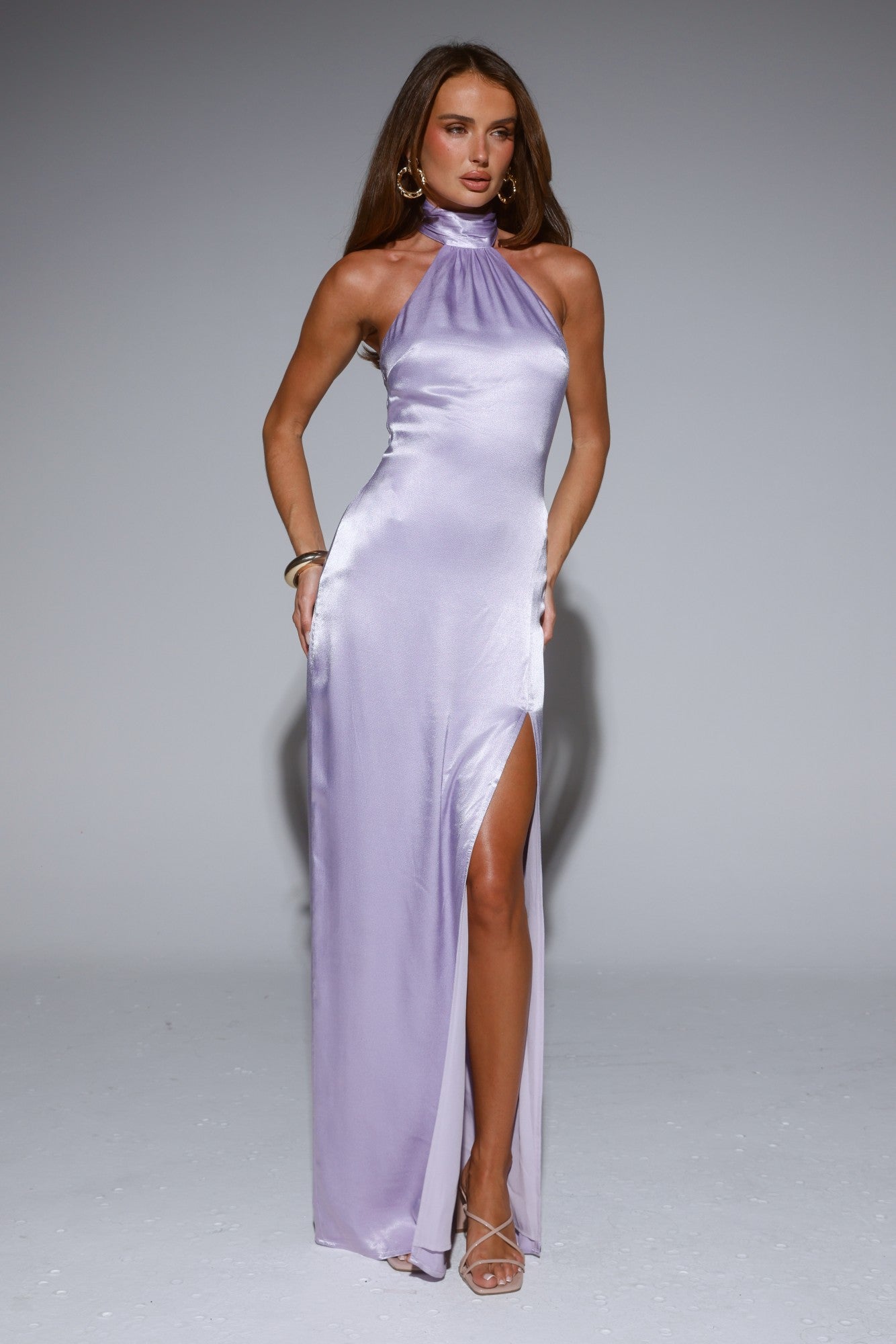 Effortless Luxe Halter Satin Maxi Dress Lilac