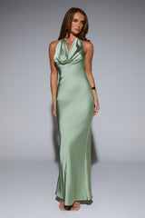 VIP Energy Satin Scarf Halter Maxi Dress Sage