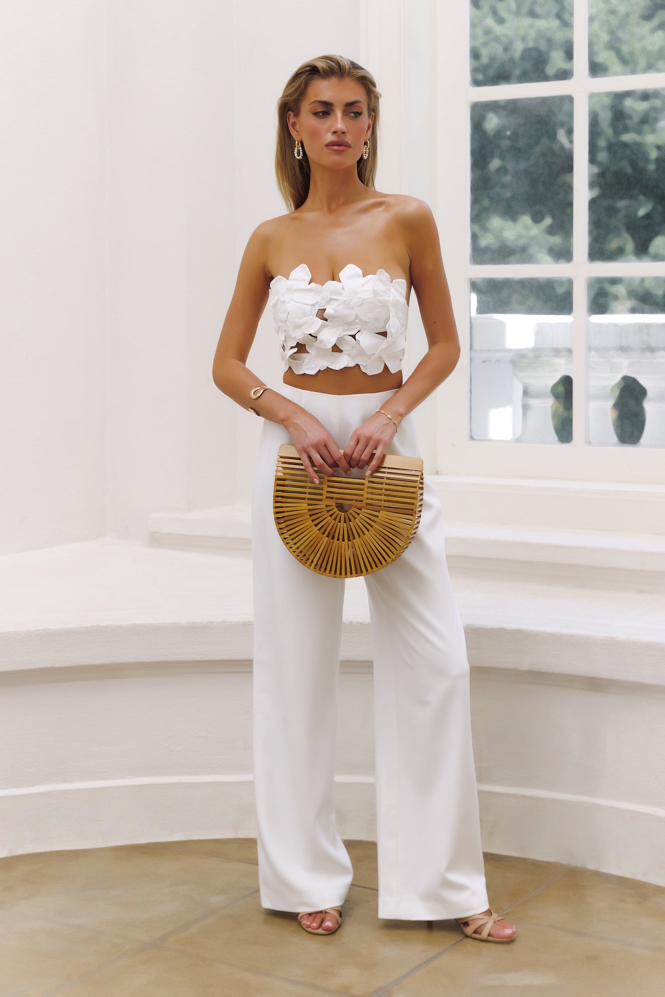 On Flower Road Bandeau Crop Top White