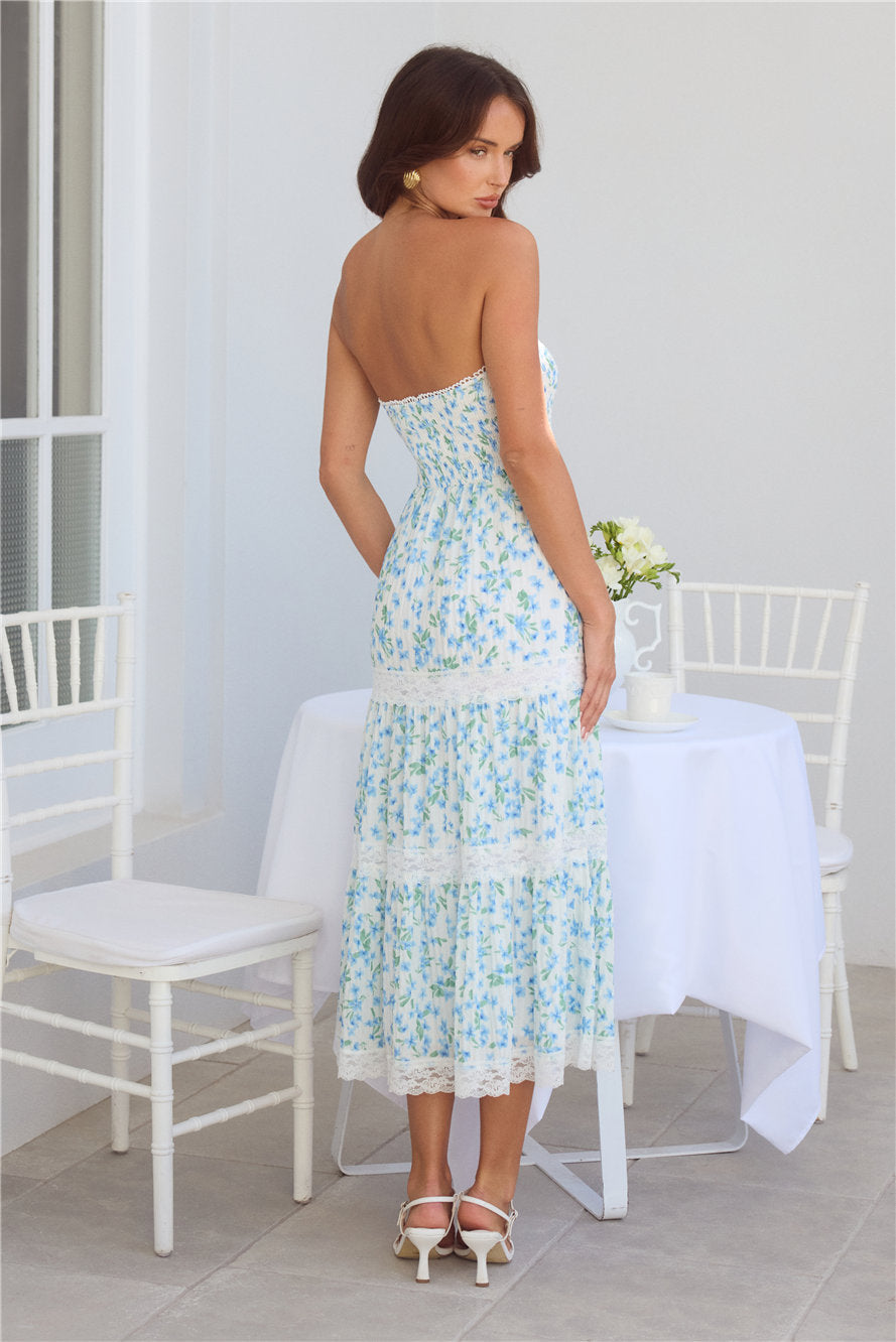 Under Palm Trees Strapless Midi Dress Blue