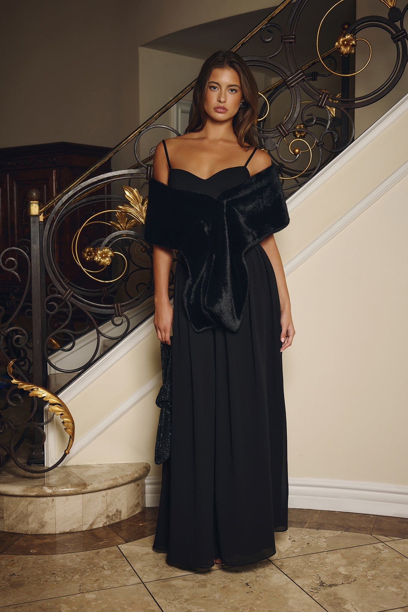 Hollywood Nights Faux Fur Shawl Wrap Black