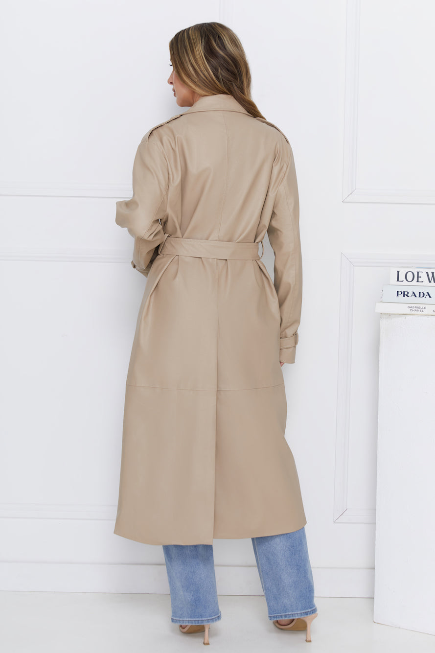 Subtle Sophistication Faux Leather Trench Coat Beige