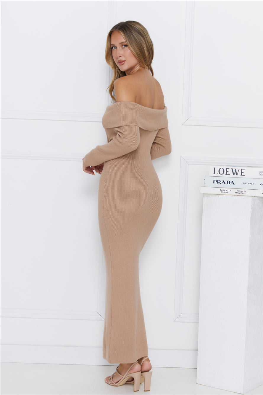 Snow Falling Off Shoulder Long Sleeve Knit Maxi Dress Mocha