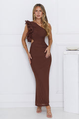 Luxe By Moonlight One Shoulder Mesh Maxi Dress Brown