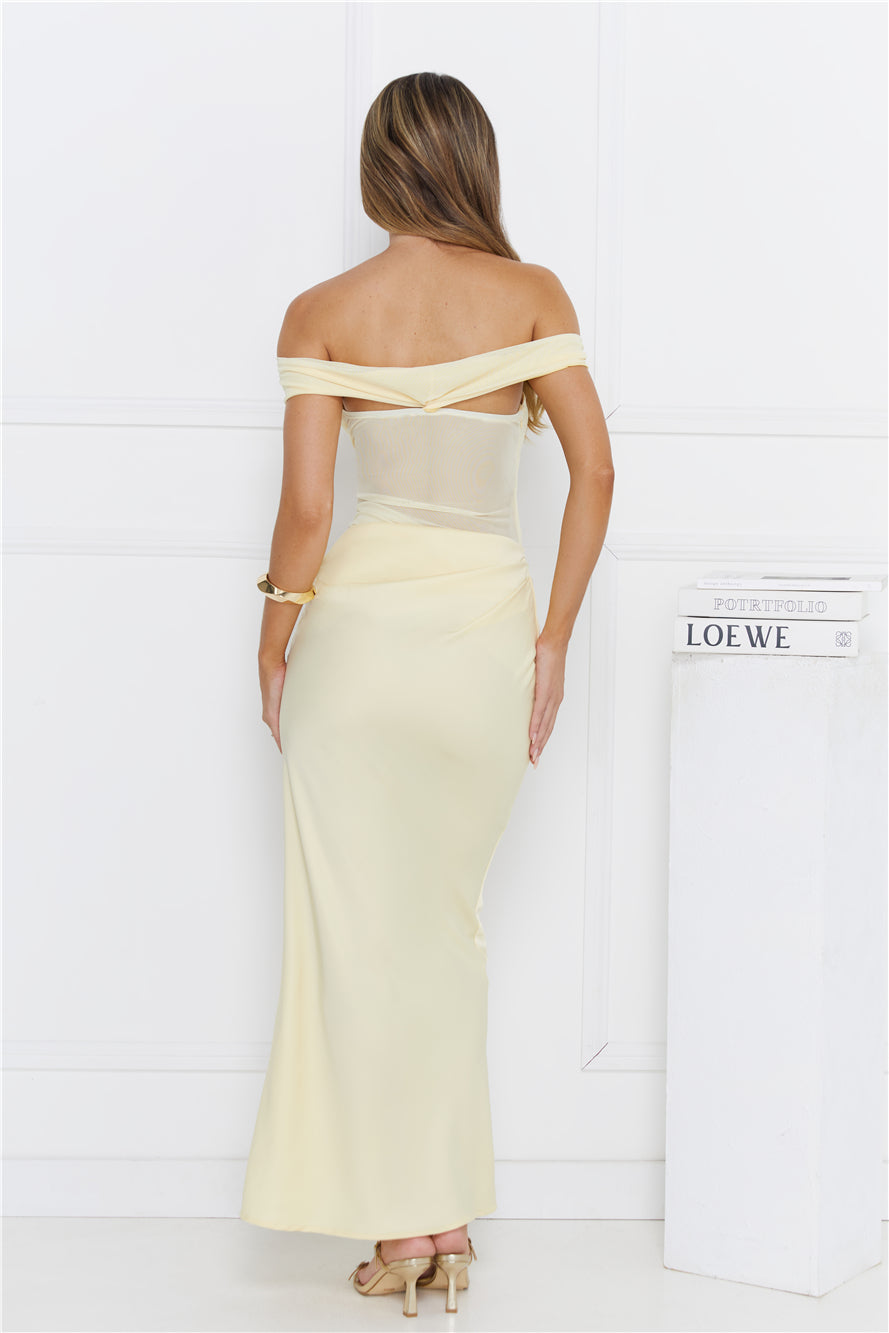 Silent Dreams Mesh Satin Off Shoulder Maxi Dress Yellow