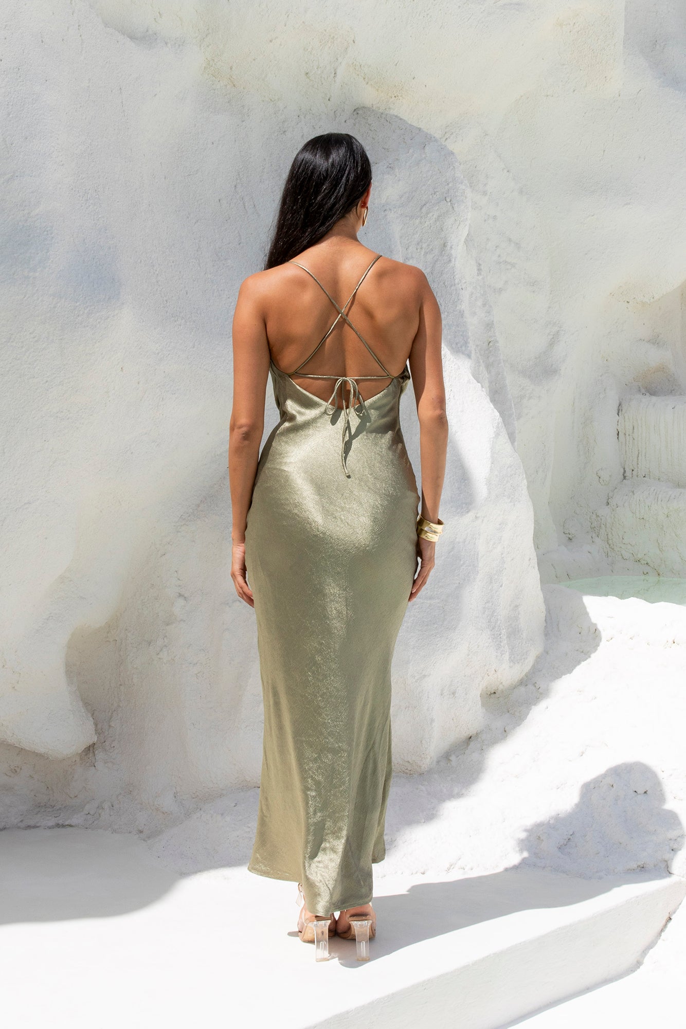 NYC Nightlife Satin Maxi Dress Khaki