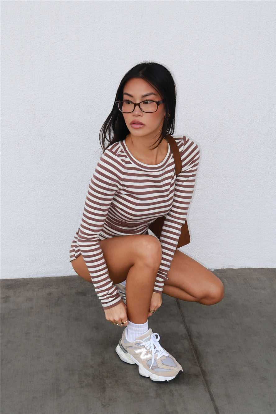 BASE Luxe Rib Boat Neck Long Sleeve Top Brown Stripe