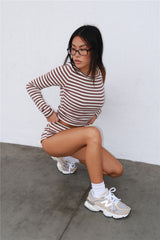 BASE Luxe Rib Boat Neck Long Sleeve Top Brown Stripe