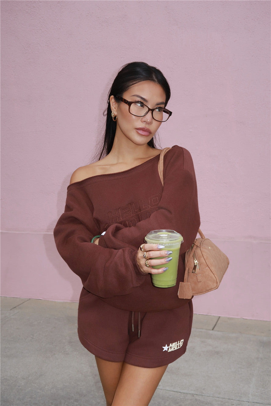 BASE Fleece Off Shoulder Sweatshirt Brown