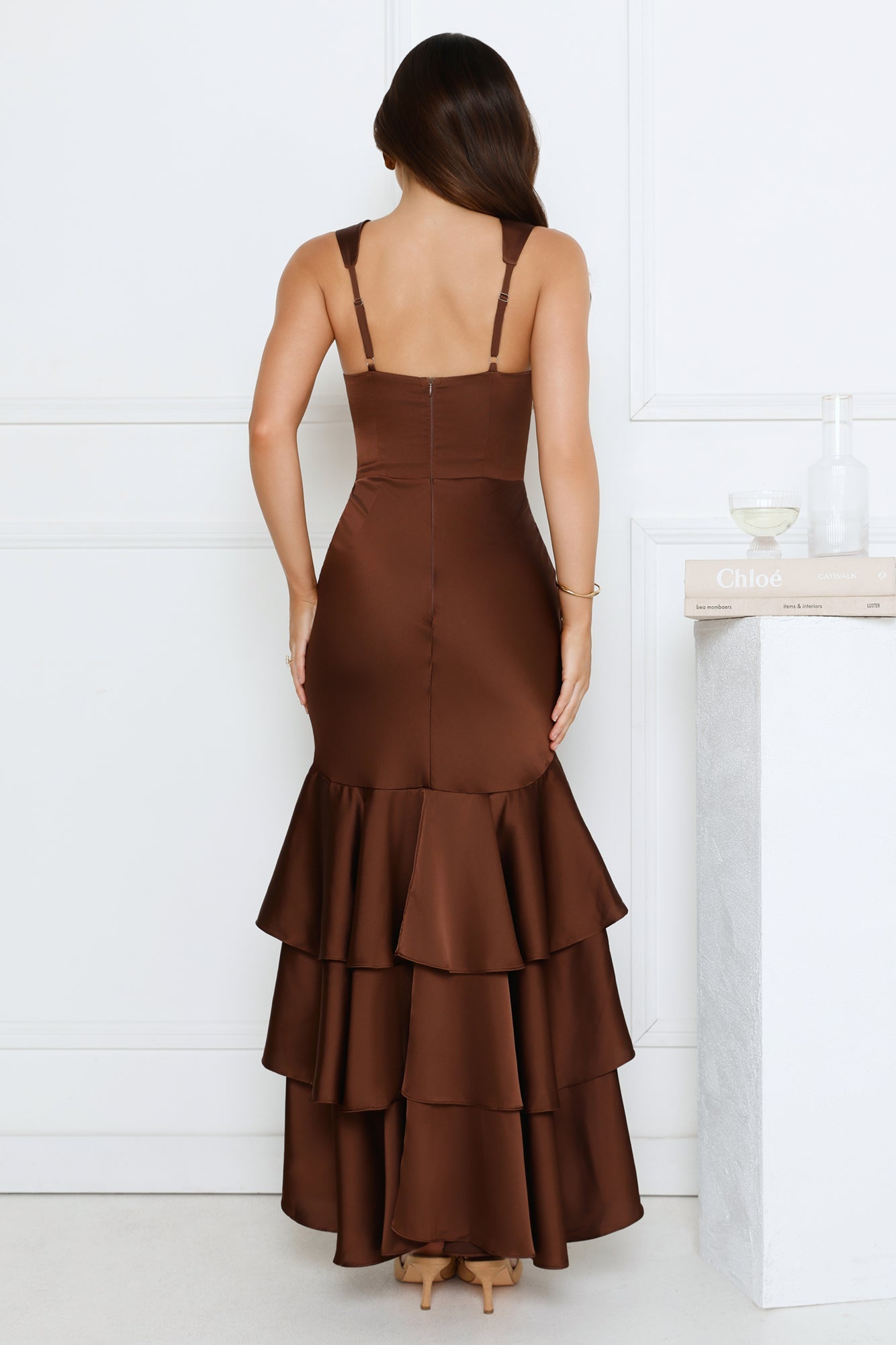 Formal Whimsy Satin Maxi Dress Brown